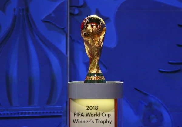 The World Cup Trophy is seen during the preliminary draw for the 2018 FIFA World Cup at Konstantin Palace in St. Petersburg